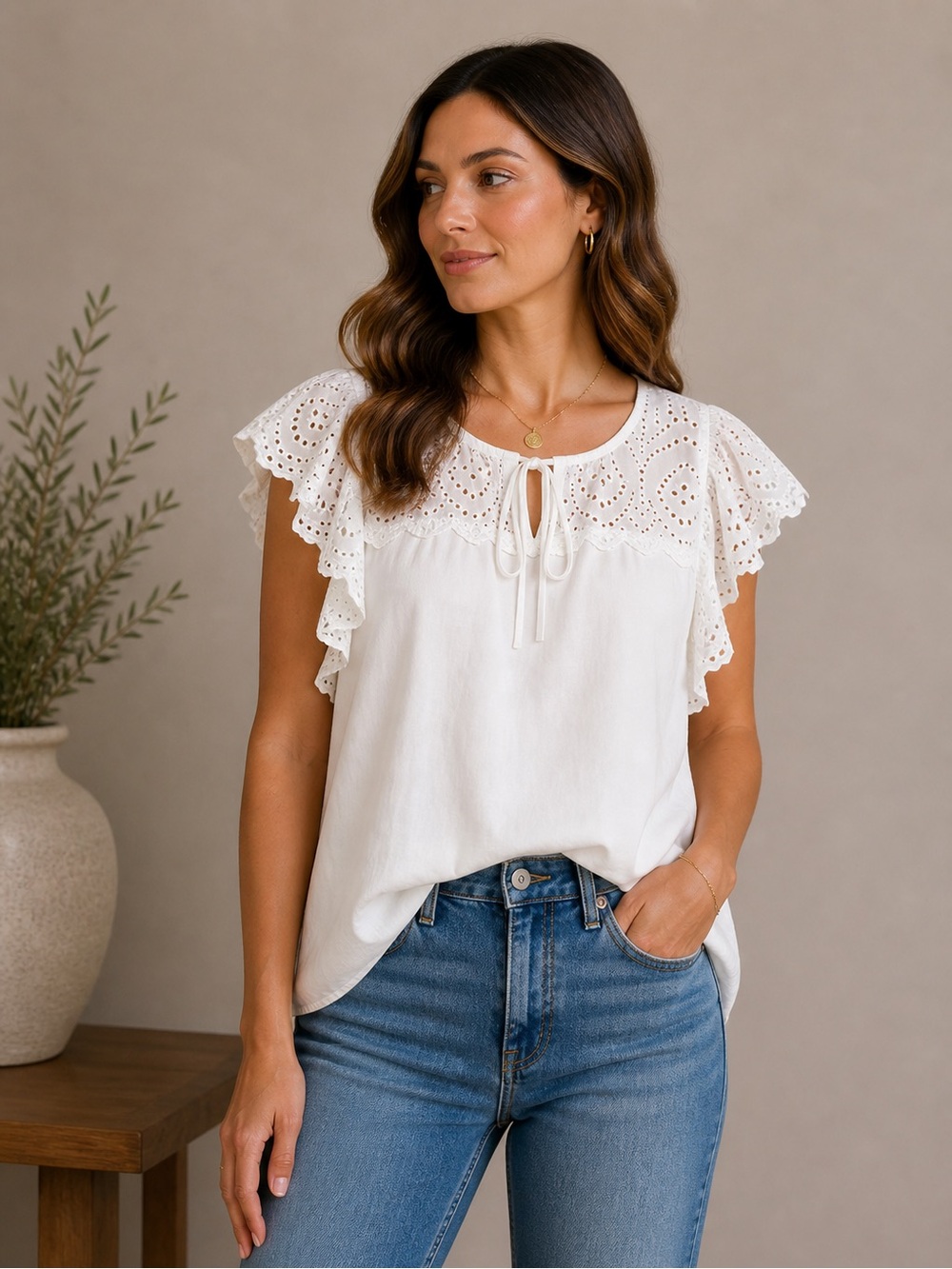 Nine West White Eyelet Ruffle Sleeve Blouse